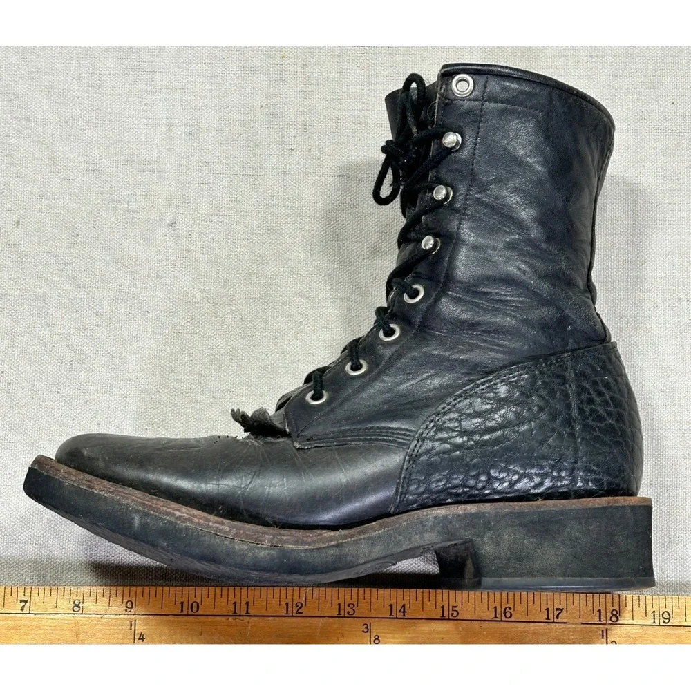 Vintage Justin Men's 8 1/2 B Black Leather Boots Lace‎ Up Speed Lacing Made USA